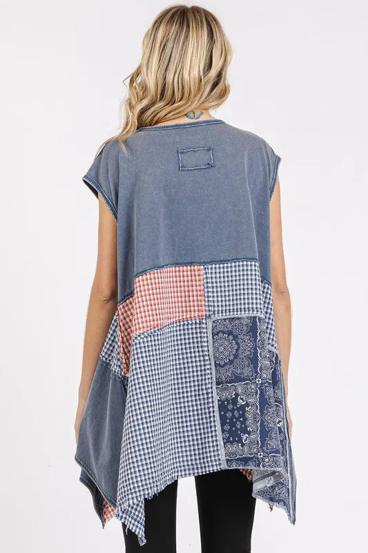 Navy patchwork mineral washed round neck cap sleeve top by Mittoshop, casual style, close-up of fabric and design details.