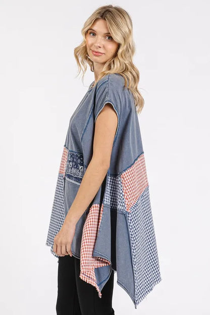 Navy patchwork mineral washed round neck cap sleeve top from Mittoshop by Trendsi, featuring a casual, relaxed fit.