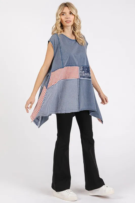 Navy patchwork mineral washed round neck cap sleeve top by Mittoshop, casual and stylish women's shirt.