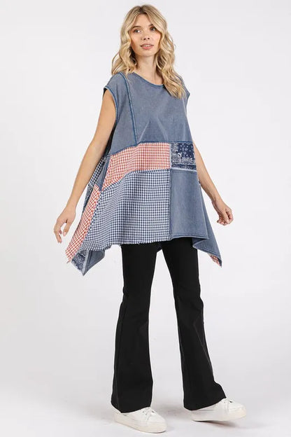 Navy patchwork mineral washed round neck cap sleeve top by Mittoshop, casual and stylish women's shirt.