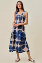 Navy SO ME abstract print smocked bodice midi dress with tiered lined skirt, stylish and comfortable for casual or dressy occasions.