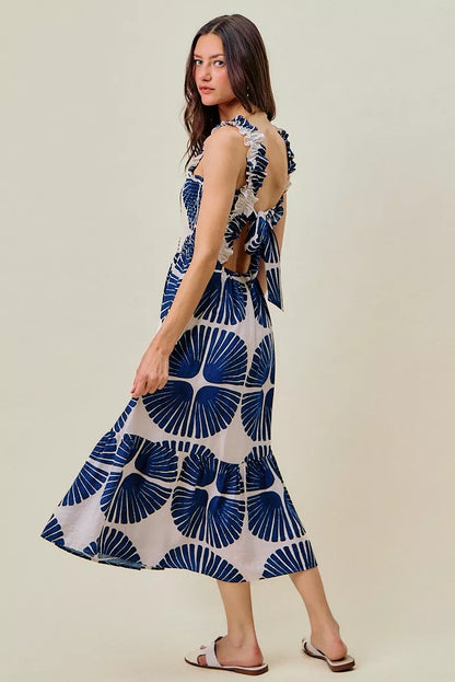 Navy SO ME abstract print midi dress by Trendsi featuring a smocked bodice, tiered design, and lined fabric.
