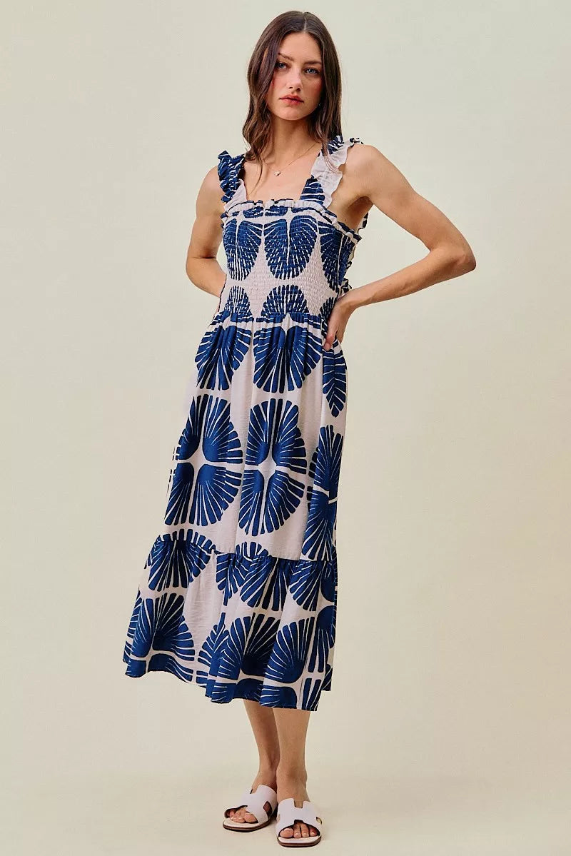 Navy SO ME abstract print smocked bodice tiered lined midi dress by Trendsi, featuring a flowy, tiered design with a fitted smocked top.