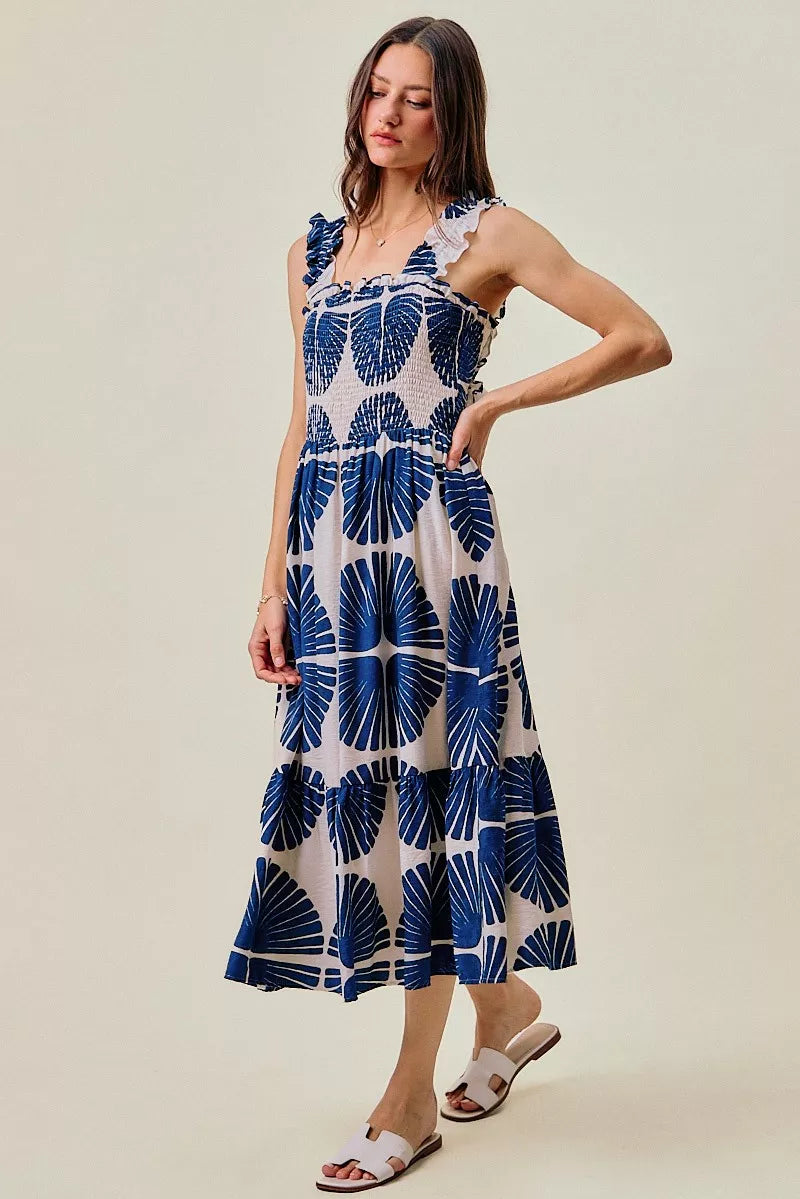 Navy SO ME abstract print smocked bodice tiered lined midi dress, stylish and flowy for casual or dressy occasions.