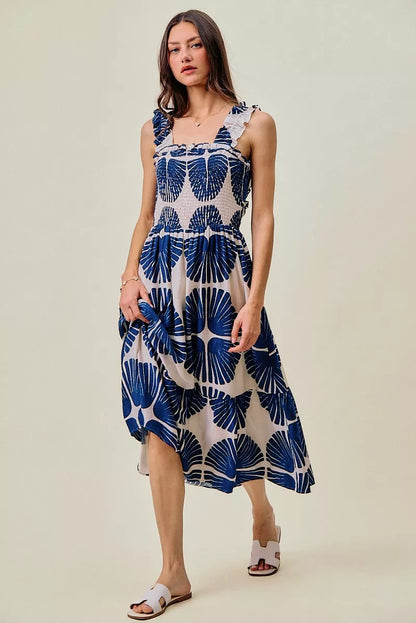 Navy SO ME abstract print midi dress with smocked bodice, tiered design, and lined fabric, by Trendsi.