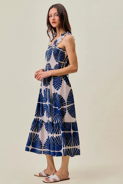 Navy SO ME abstract print midi dress with smocked bodice, tiered design, and lined fabric, by Trendsi.