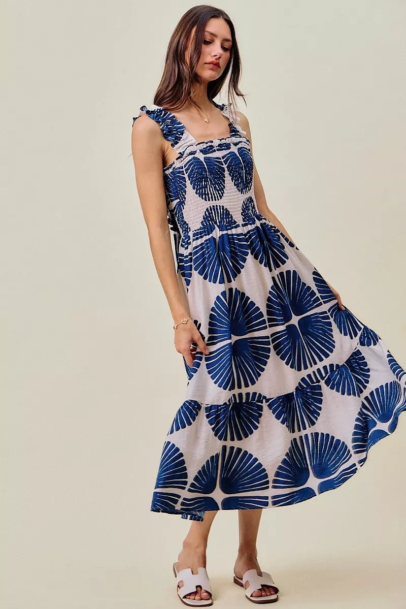 Navy SO ME abstract print midi dress with smocked bodice, tiered design, and lining, perfect for casual or semi-formal wear