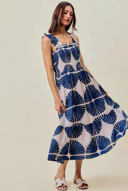 Navy SO ME abstract print midi dress with smocked bodice, tiered design, and lining, perfect for casual or semi-formal wear