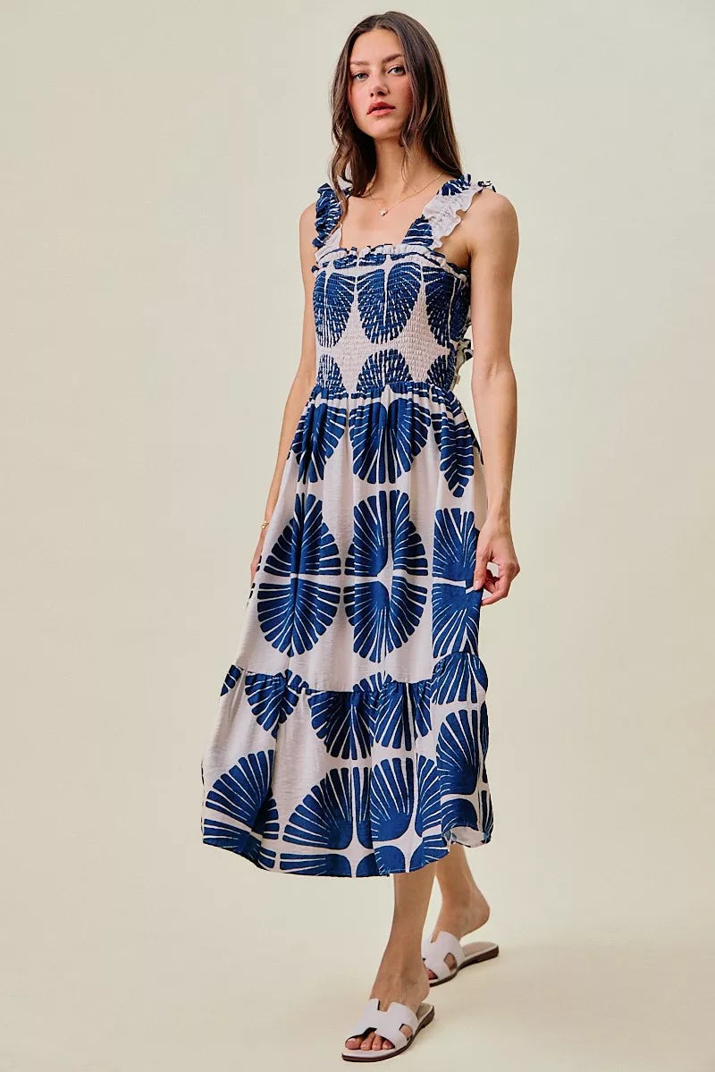 Navy SO ME abstract print midi dress with smocked bodice, tiered design, and lining, perfect for stylish summer wear.