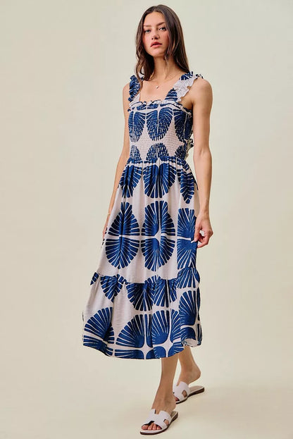 Navy SO ME abstract print midi dress with smocked bodice, tiered design, and lining, perfect for stylish summer wear.