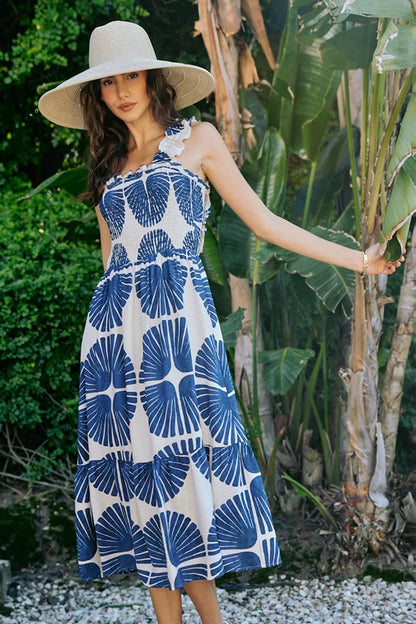 Navy SO ME abstract print smocked bodice tiered lined midi dress with flowy skirt and sleeveless design, perfect for summer wear.