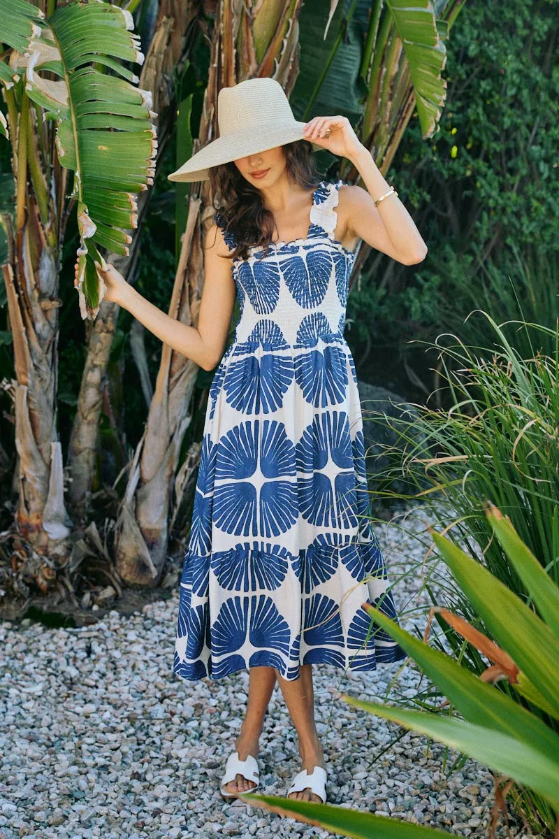 Navy SO ME abstract print smocked bodice tiered lined midi dress by Trendsi, featuring a flowy, tiered silhouette and midi length.