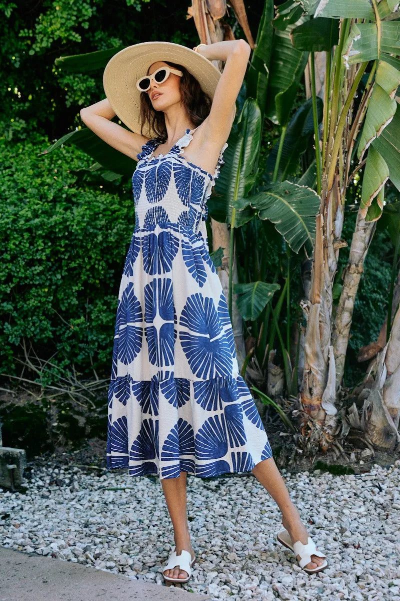 Navy SO ME abstract print midi dress with smocked bodice, tiered layers, and lined design by Trendsi.