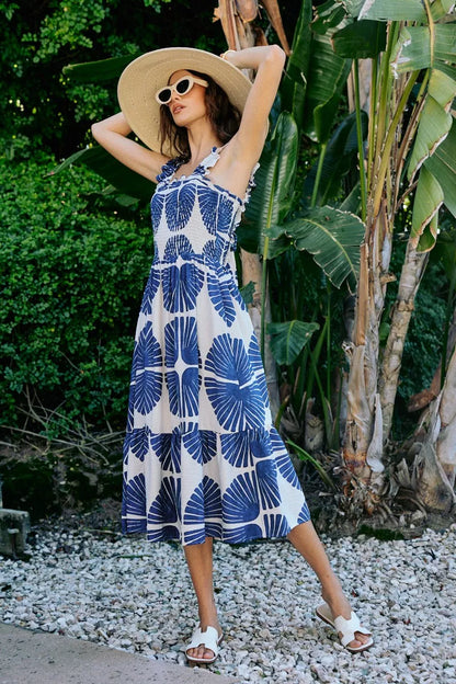 Navy SO ME abstract print midi dress with smocked bodice, tiered layers, and lined design by Trendsi.