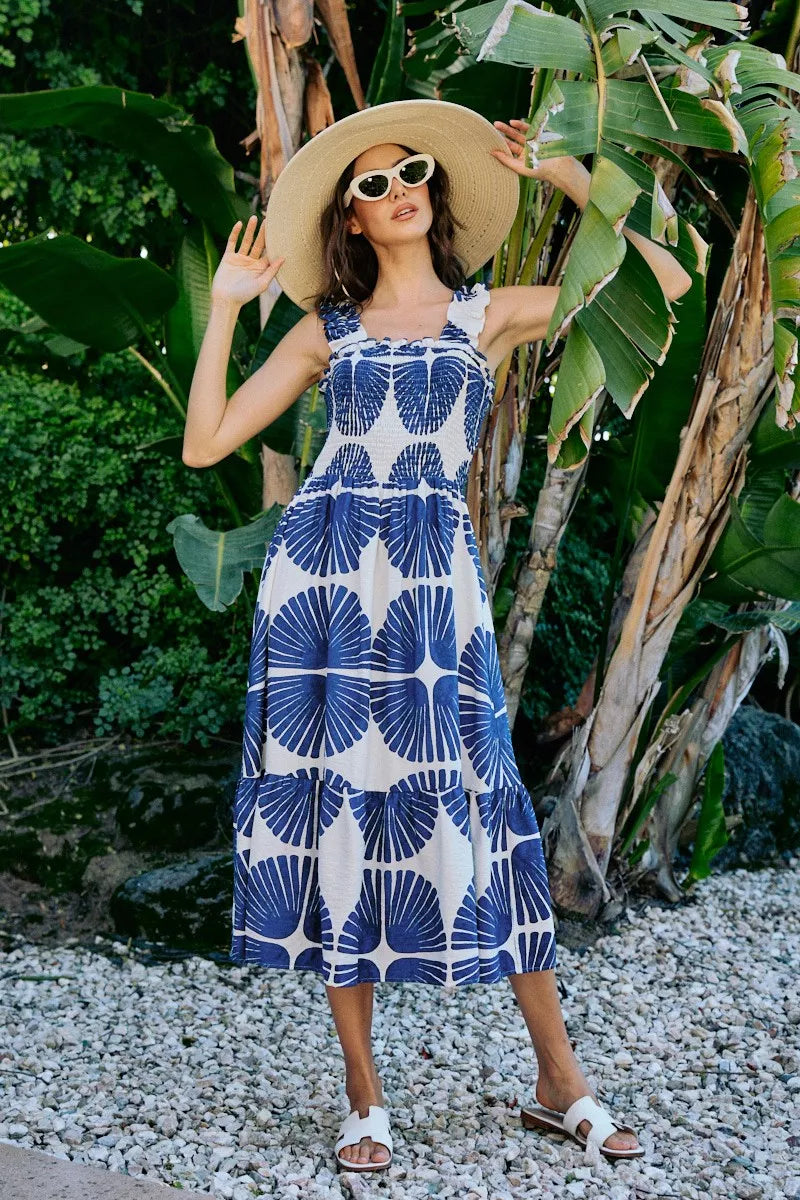 Navy SO ME abstract print midi dress with smocked bodice, tiered design, and lined fabric, from Trendsi.