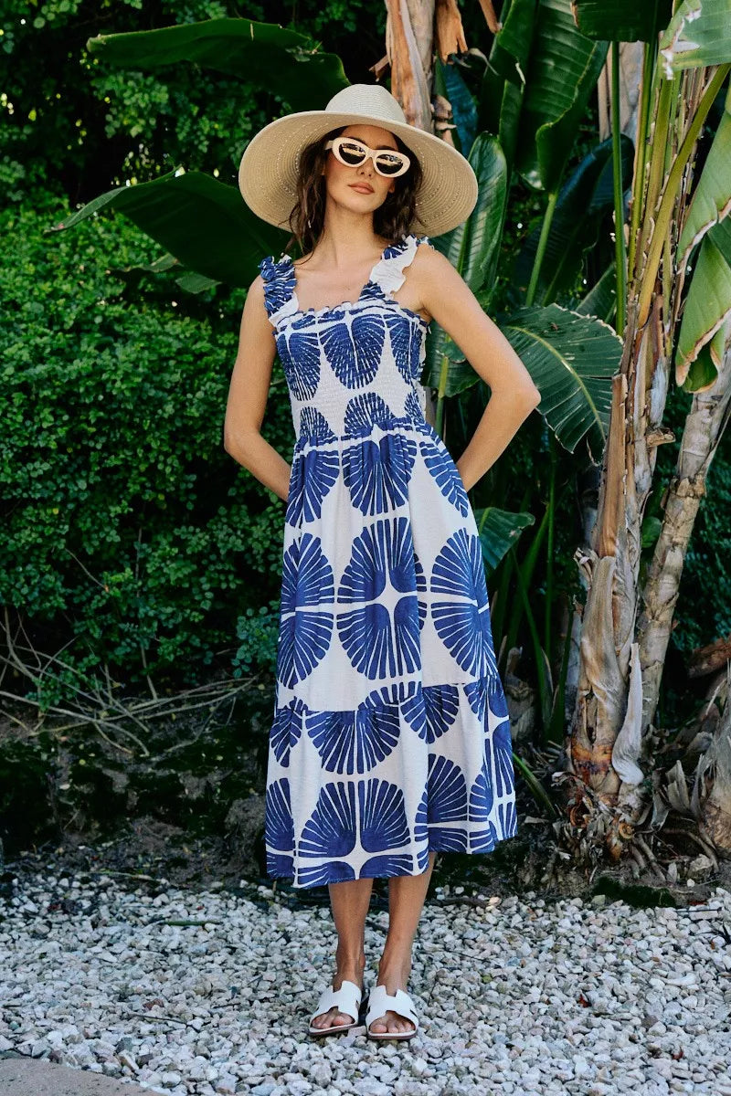 Navy SO ME abstract print midi dress with smocked bodice, tiered layers, and lining, by Trendsi.