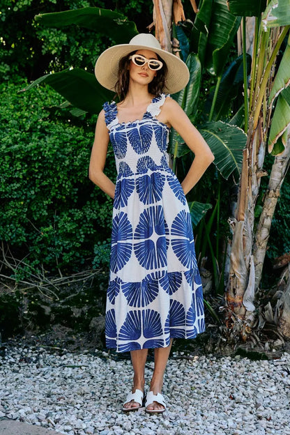 Navy SO ME abstract print midi dress with smocked bodice, tiered layers, and lining, by Trendsi.
