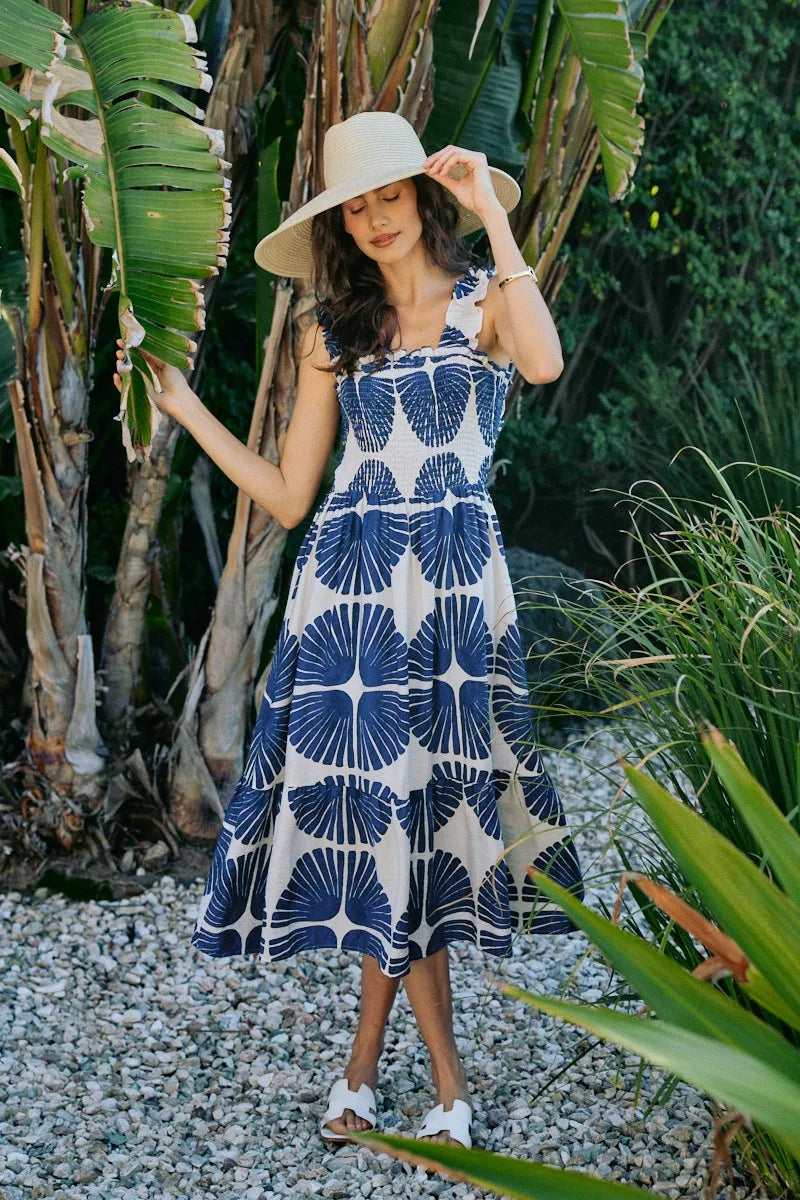 Navy SO ME abstract print midi dress with smocked bodice, tiered design, and lining, perfect for casual or semi-formal wear.
