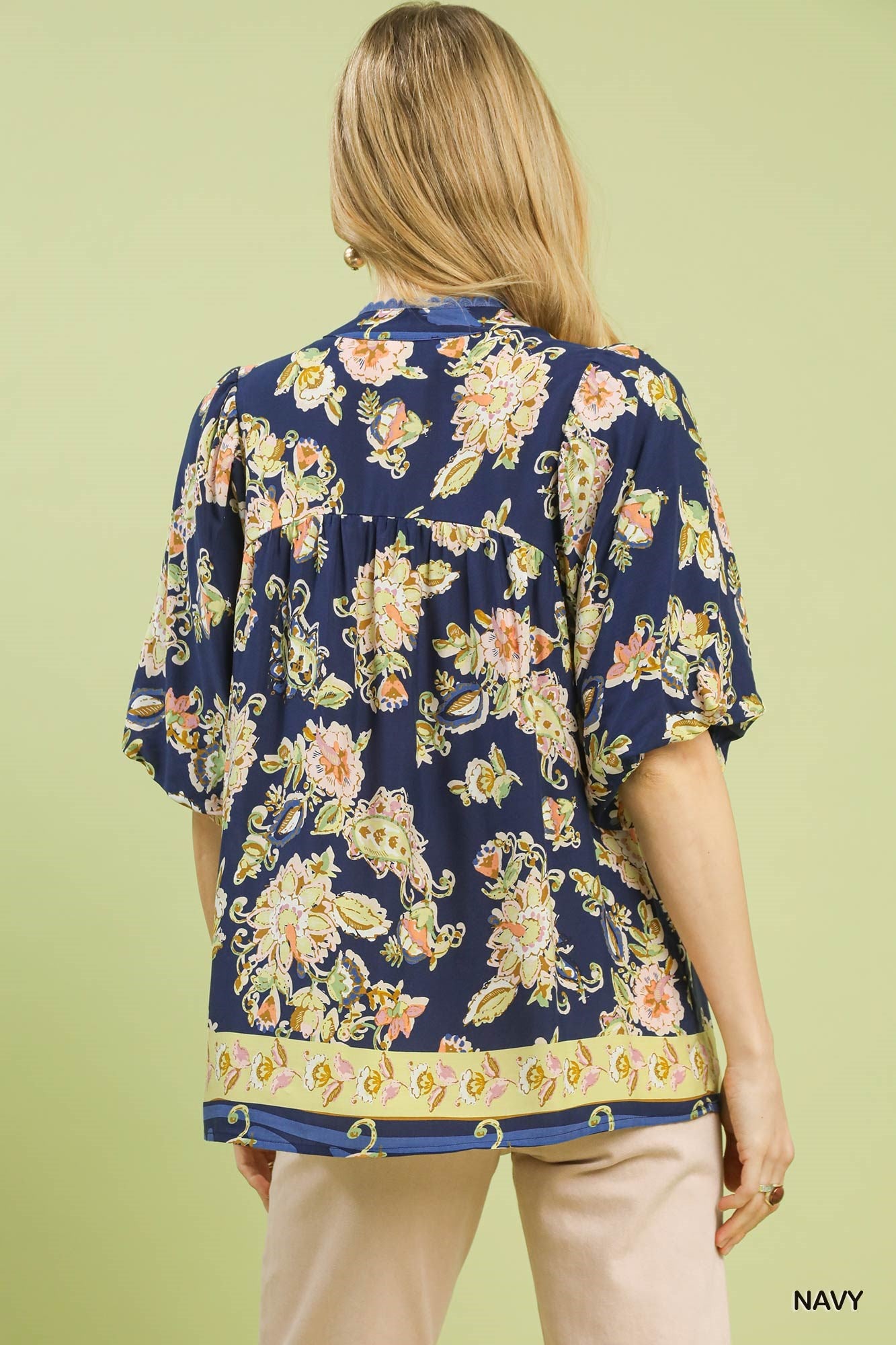 Navy Umgee floral boho blouse with apricot flower pattern, long sleeves, and relaxed fit, perfect for casual and bohemian style.
