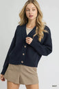 Navy Umgee button-front knit cardigan with long sleeves and ribbed cuffs, casual and cozy style for women.