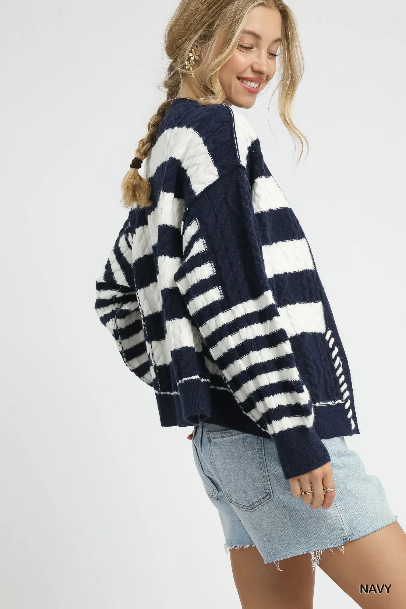 Navy Umgee cable-knit stripe button-up cardigan with front buttons and ribbed cuffs, stylish and cozy for casual wear.