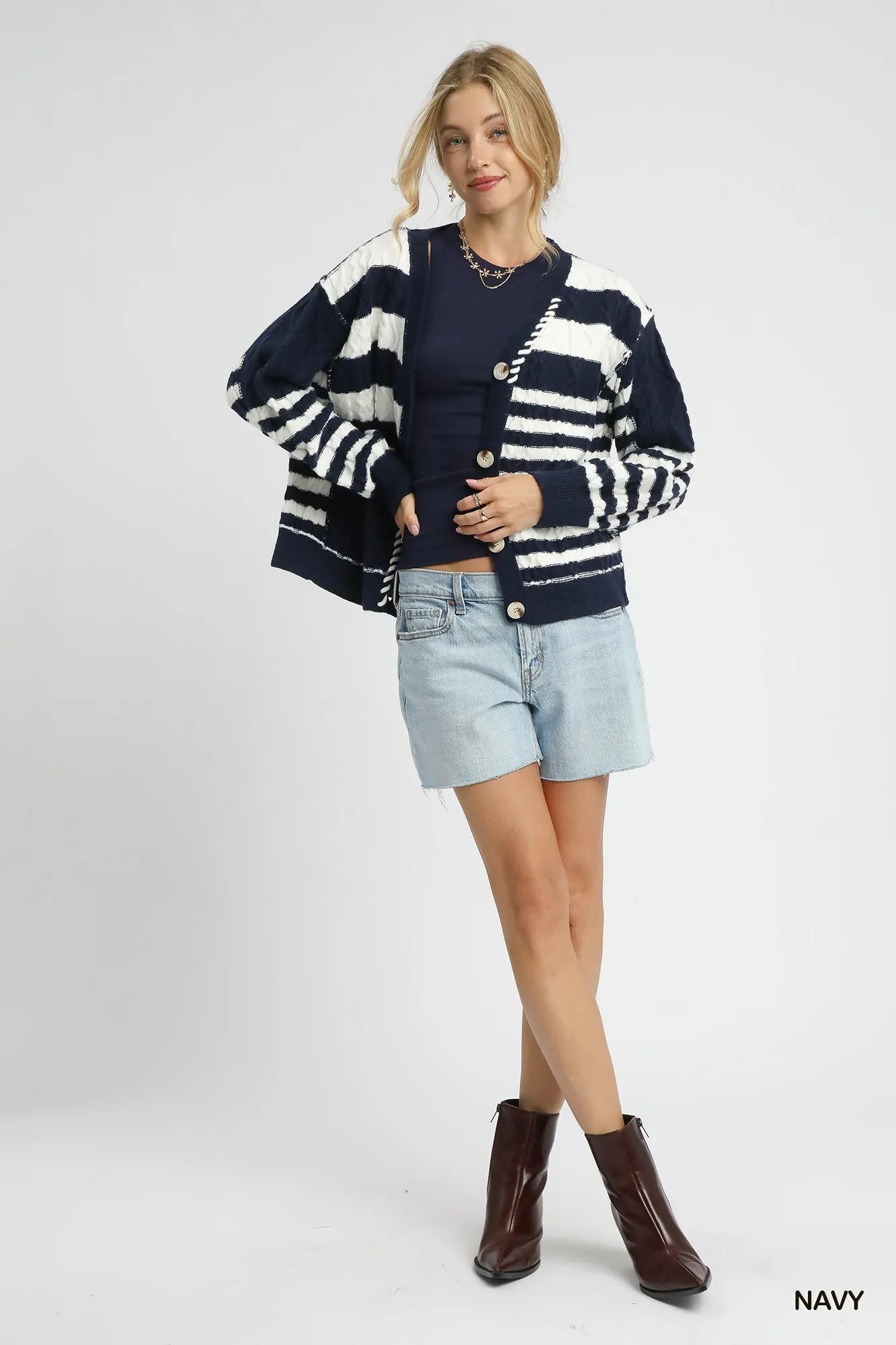 Navy Umgee cable-knit stripe button-up cardigan with front buttons and long sleeves, casual and cozy for everyday wear