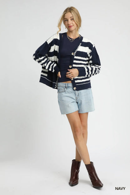 Navy Umgee cable-knit stripe button-up cardigan with front buttons and long sleeves, casual and cozy for everyday wear