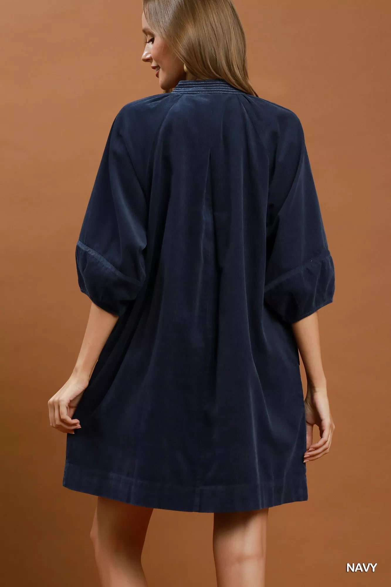 Navy Umgee corduroy V-neck puff sleeve shift dress with pockets, stylish and casual for everyday wear