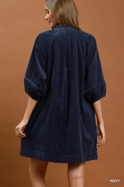 Navy Umgee corduroy V-neck puff sleeve shift dress with pockets, stylish and casual for everyday wear