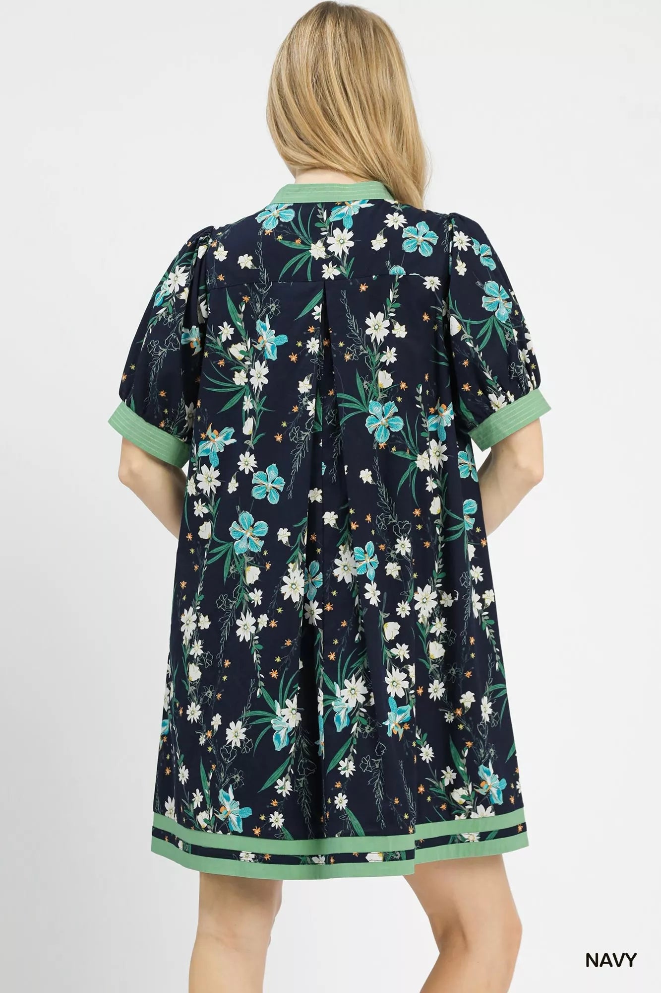 Navy floral puff sleeve dress with contrast trim by Umgee, featuring a feminine silhouette and detailed sleeve design.