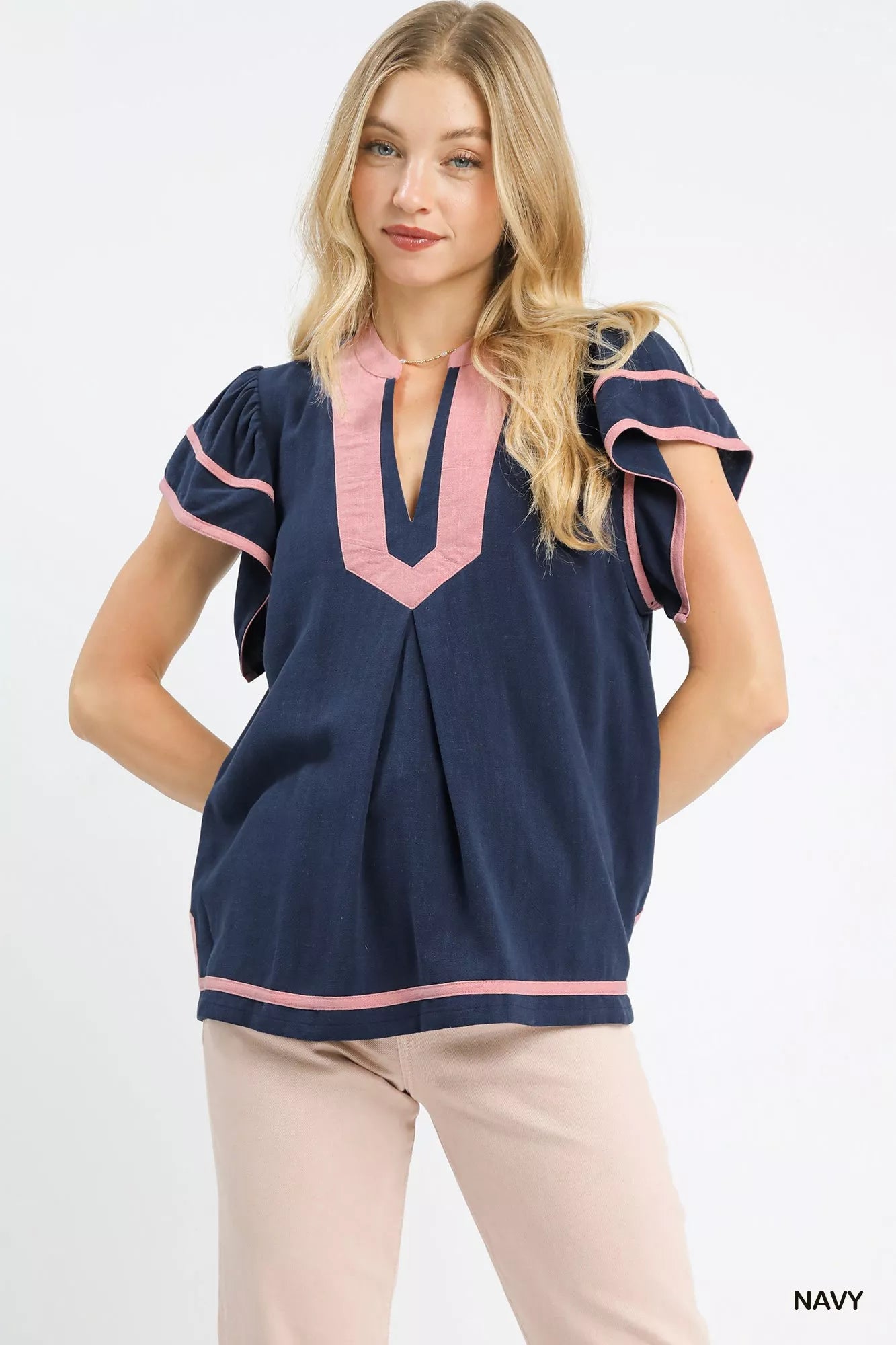 Navy Umgee linen ruffle sleeve top with flowy design and feminine ruffle accents, casual and stylish for everyday wear.