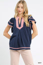 Navy Umgee linen ruffle sleeve top with flowy design and feminine ruffle accents, casual and stylish for everyday wear.