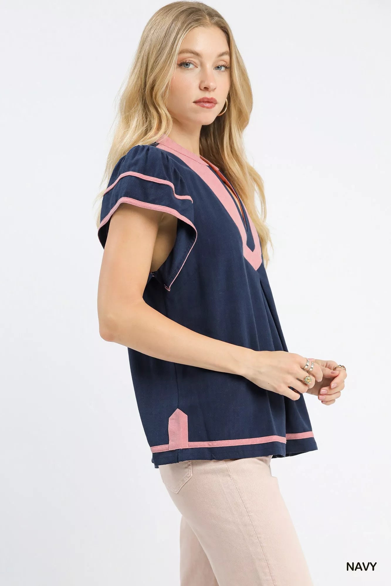 Navy Umgee linen ruffle sleeve top by Trendsi, featuring feminine ruffle details and lightweight fabric.