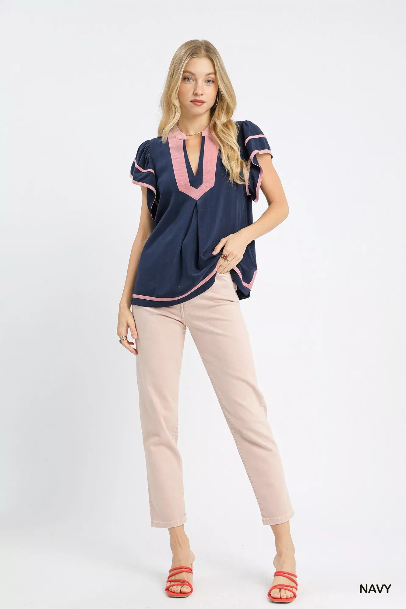 Navy Umgee linen ruffle sleeve top by Trendsi, featuring lightweight fabric and stylish ruffle detailing on the sleeves.
