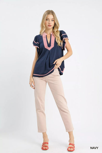 Navy Umgee linen ruffle sleeve top by Trendsi, featuring lightweight fabric and stylish ruffle detailing on the sleeves.
