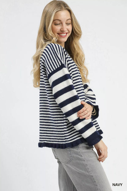 Navy Umgee Ruffle Neck Stripe Sweater with ruffle detail at the neckline, featuring horizontal stripe pattern and long sleeves.