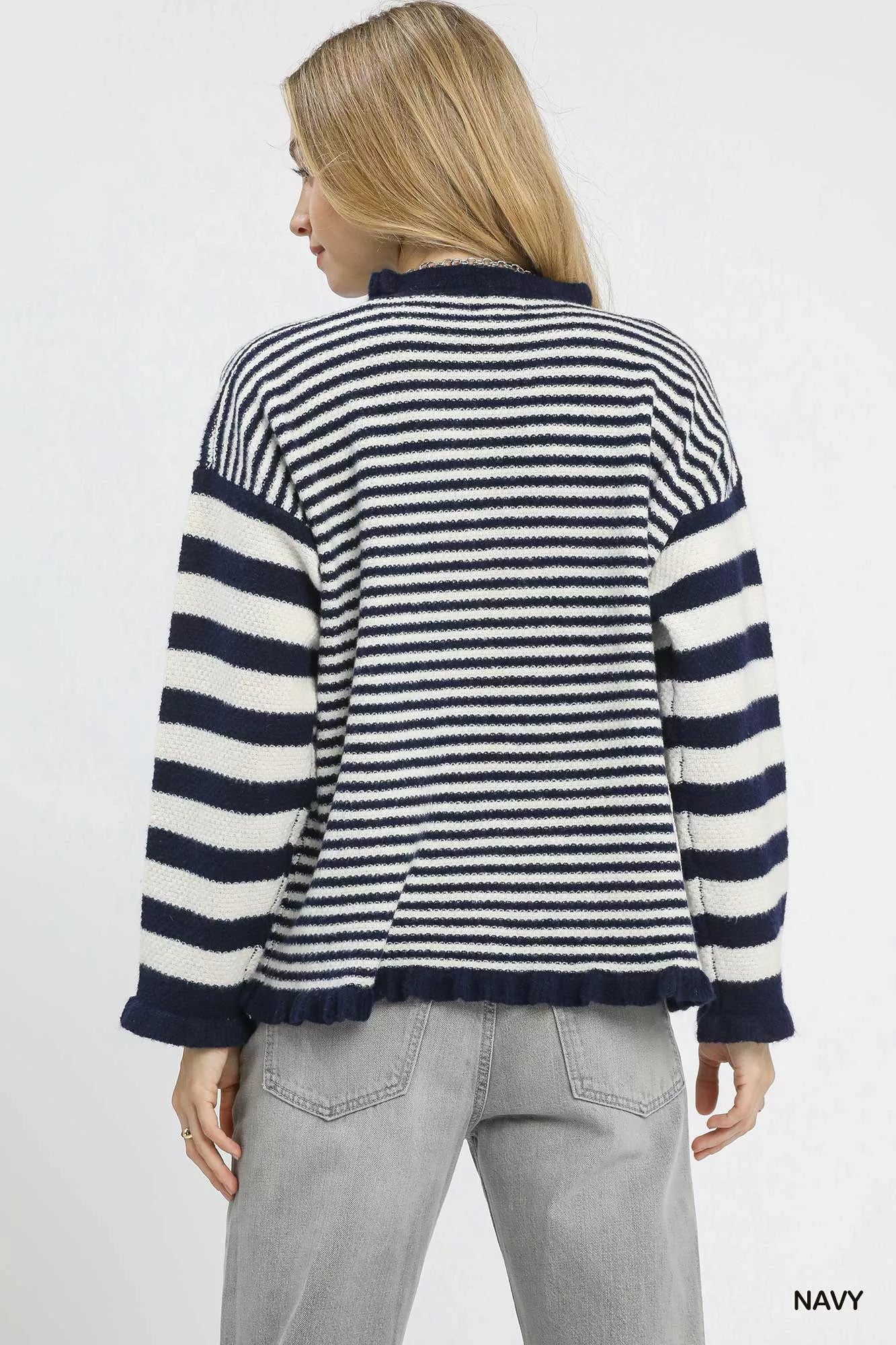 Navy stripe sweater with ruffle neck from Umgee, featuring a soft knit fabric and stylish design.