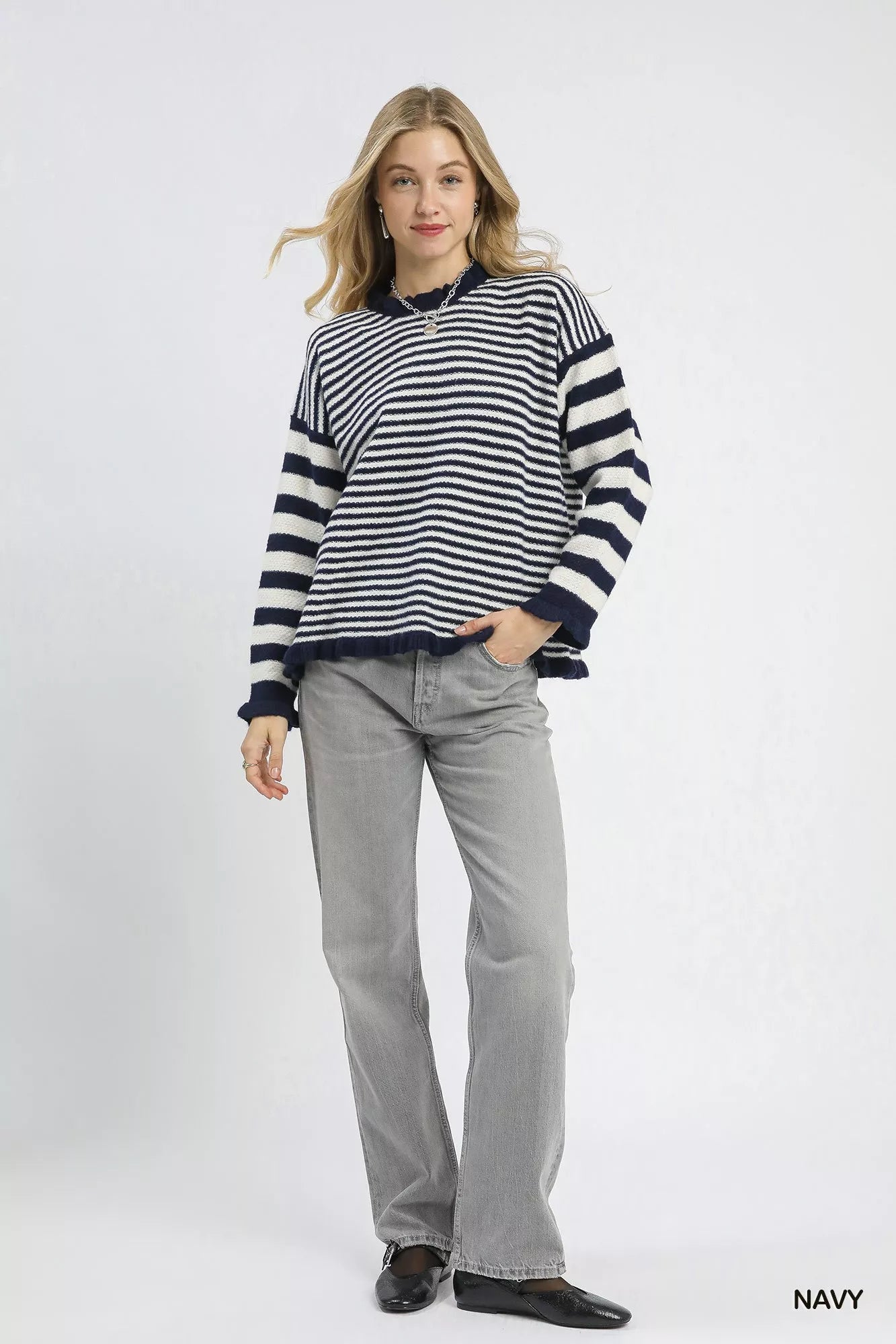 Navy Umgee Ruffle Neck Stripe Sweater with ruffled collar and horizontal stripes, stylish and cozy for casual wear.
