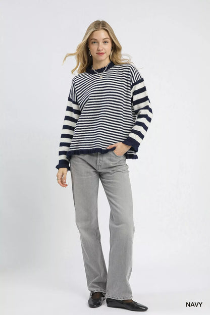 Navy Umgee Ruffle Neck Stripe Sweater with ruffled collar and horizontal stripes, stylish and cozy for casual wear.