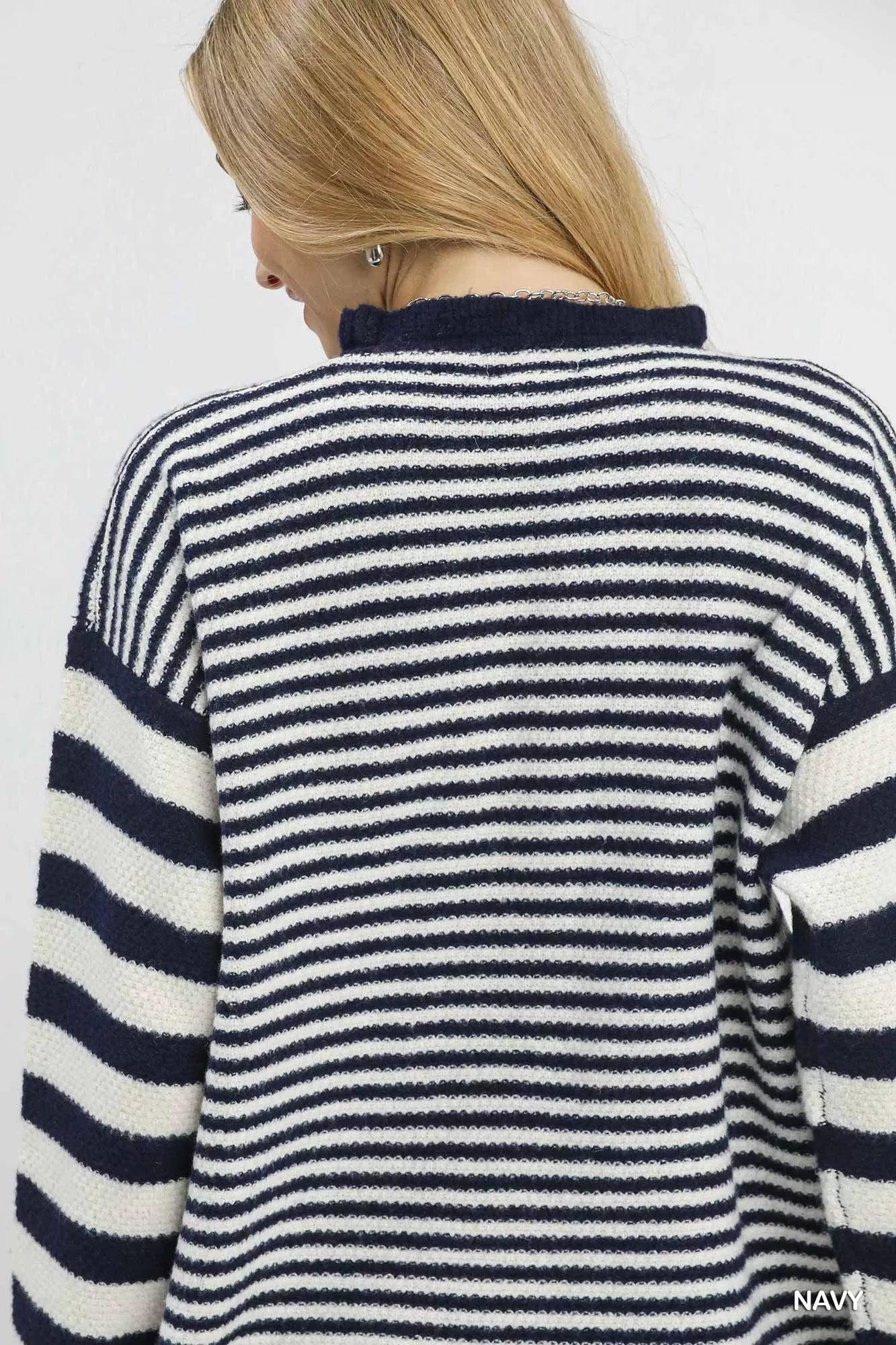 Navy Umgee Ruffle Neck Stripe Sweater featuring a ruffle collar and horizontal stripe pattern, perfect for casual fall style.