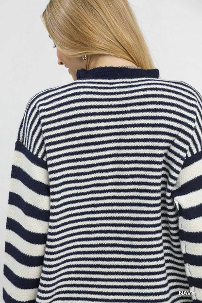 Navy Umgee Ruffle Neck Stripe Sweater featuring a ruffle collar and horizontal stripe pattern, perfect for casual fall style.