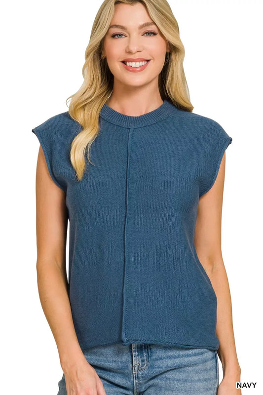 Navy Zenana sleeveless sweater with center seam detail, casual knit top from Trendsi, styled for a relaxed look.