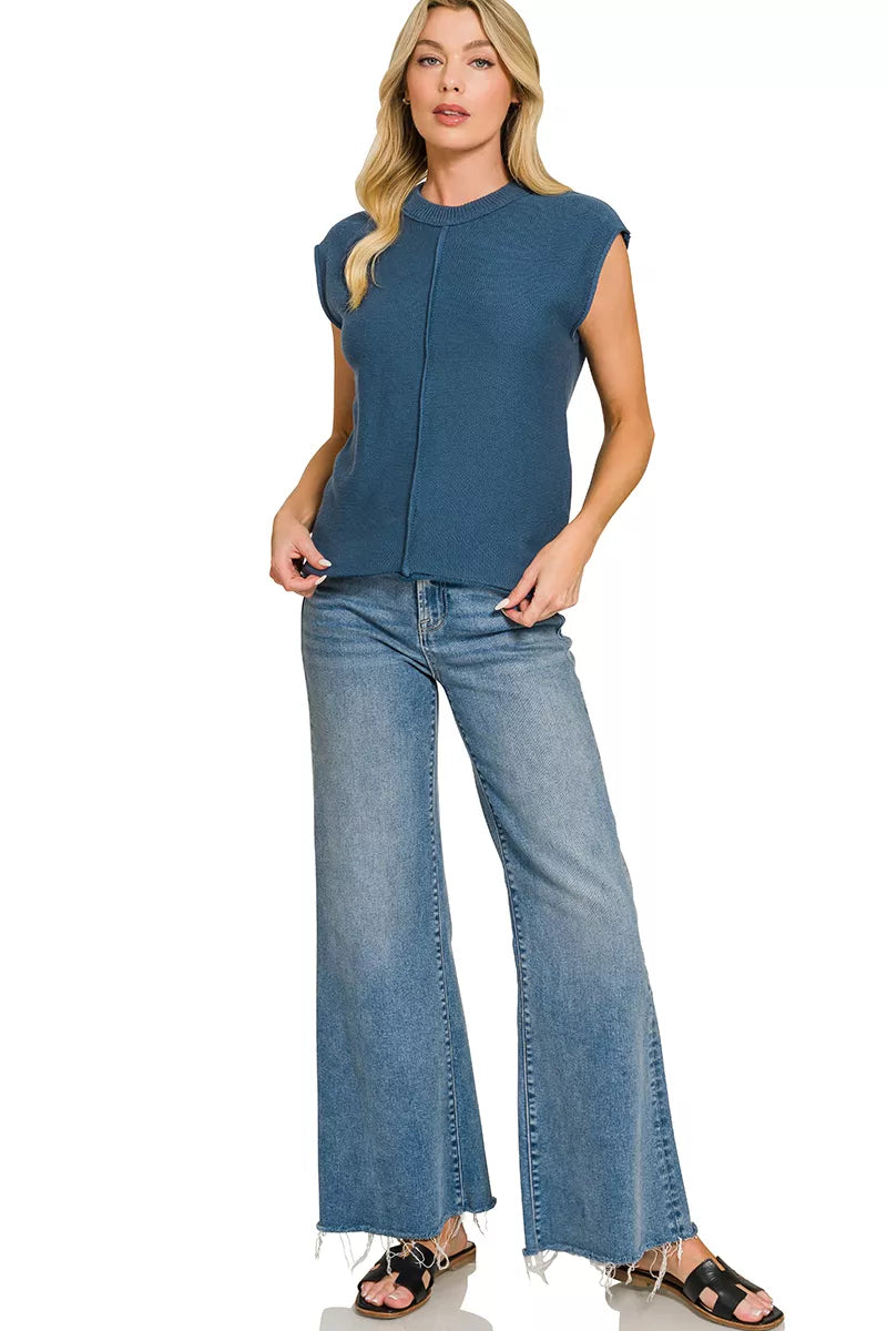 Navy Zenana sleeveless sweater with center seam detail, casual knit top from Trendsi, shown on a plain background.