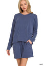 Navy Zenana corded rib long sleeve tee and shorts set, casual loungewear with ribbed texture, styled for comfort and relaxed fit.