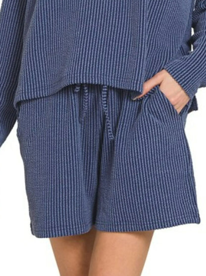 Navy Zenana corded rib long sleeve tee and matching shorts set, casual loungewear with ribbed fabric and relaxed fit.