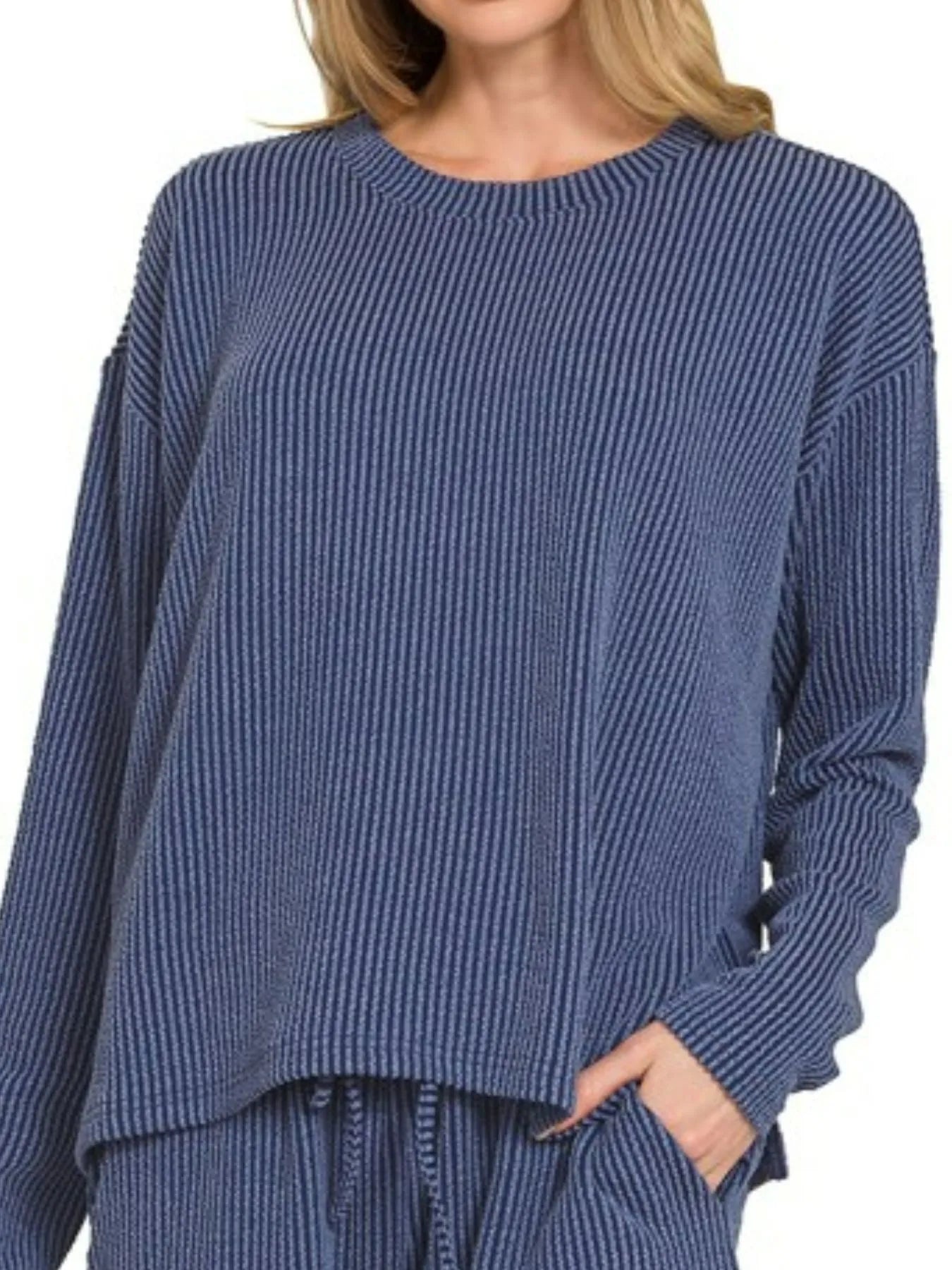 Navy Zenana corded rib long sleeve tee and matching shorts set, casual loungewear for women, styled on a model.