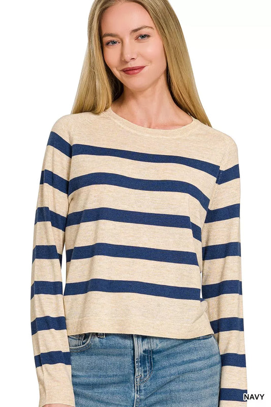 Navy Zenana lightweight wool blend striped round neck sweater with long sleeves, casual and cozy for everyday wear.