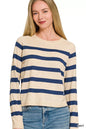 Navy Zenana lightweight wool blend striped round neck sweater with long sleeves, casual and cozy for everyday wear.
