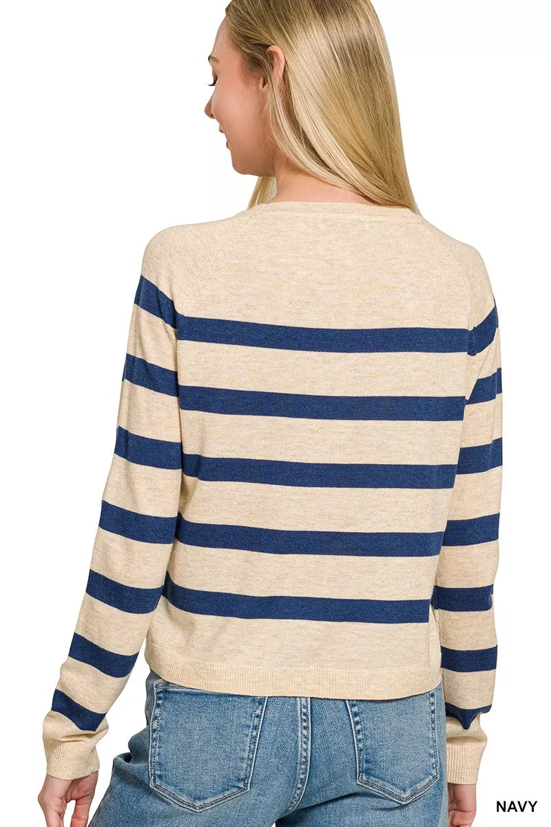 Navy Zenana lightweight wool blend striped round neck sweater with long sleeves, casual and cozy for everyday wear.