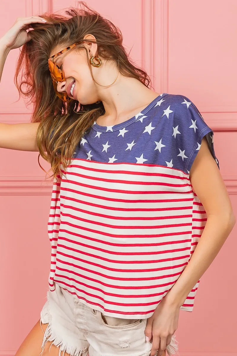 Navy BiBi Star printed top with red stripe combo by Trendsi, featuring a star pattern and stylish design.